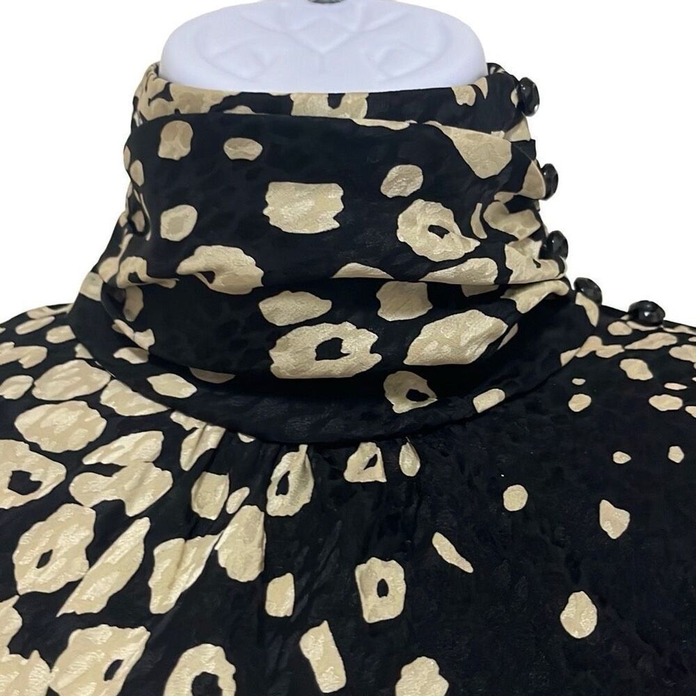 Tuleh Black Gold Animal Leopard Print 100% Silk High Neck Blouson Midi Dress XS‎ - Picture 6 of 12
